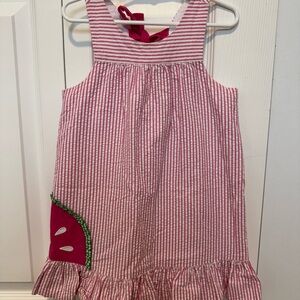 Florence Eiseman Pink and White Striped Seersucker Dress with Watermelon Accent